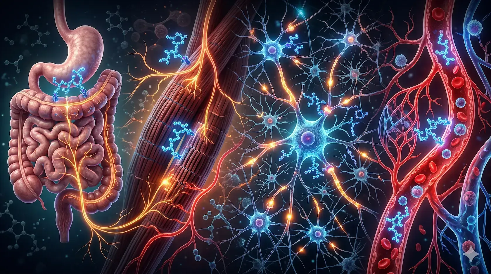 A high-detail 3D biomedical visualization showing a glowing peptide molecule interacting with the hu