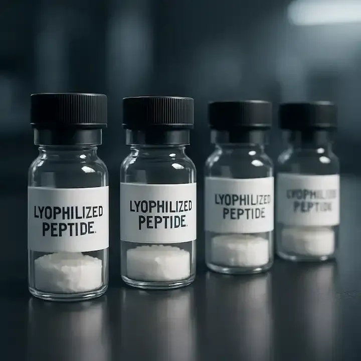 Multiple vials of lyophilized peptide powder representing lab-grade research peptides used in reconstitution protocols from Limitless Biotech