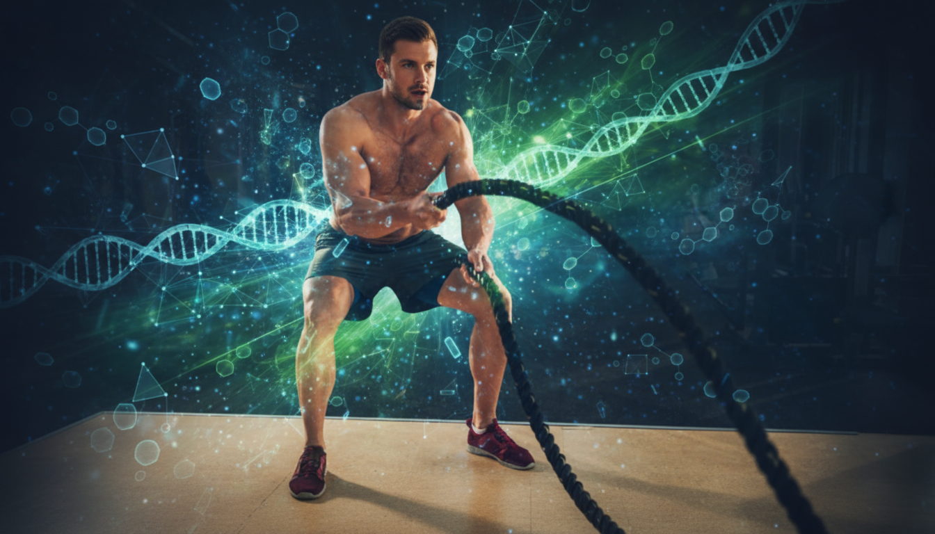Man exercising with battle ropes, in a gym. Blue and green background with DNA strands.