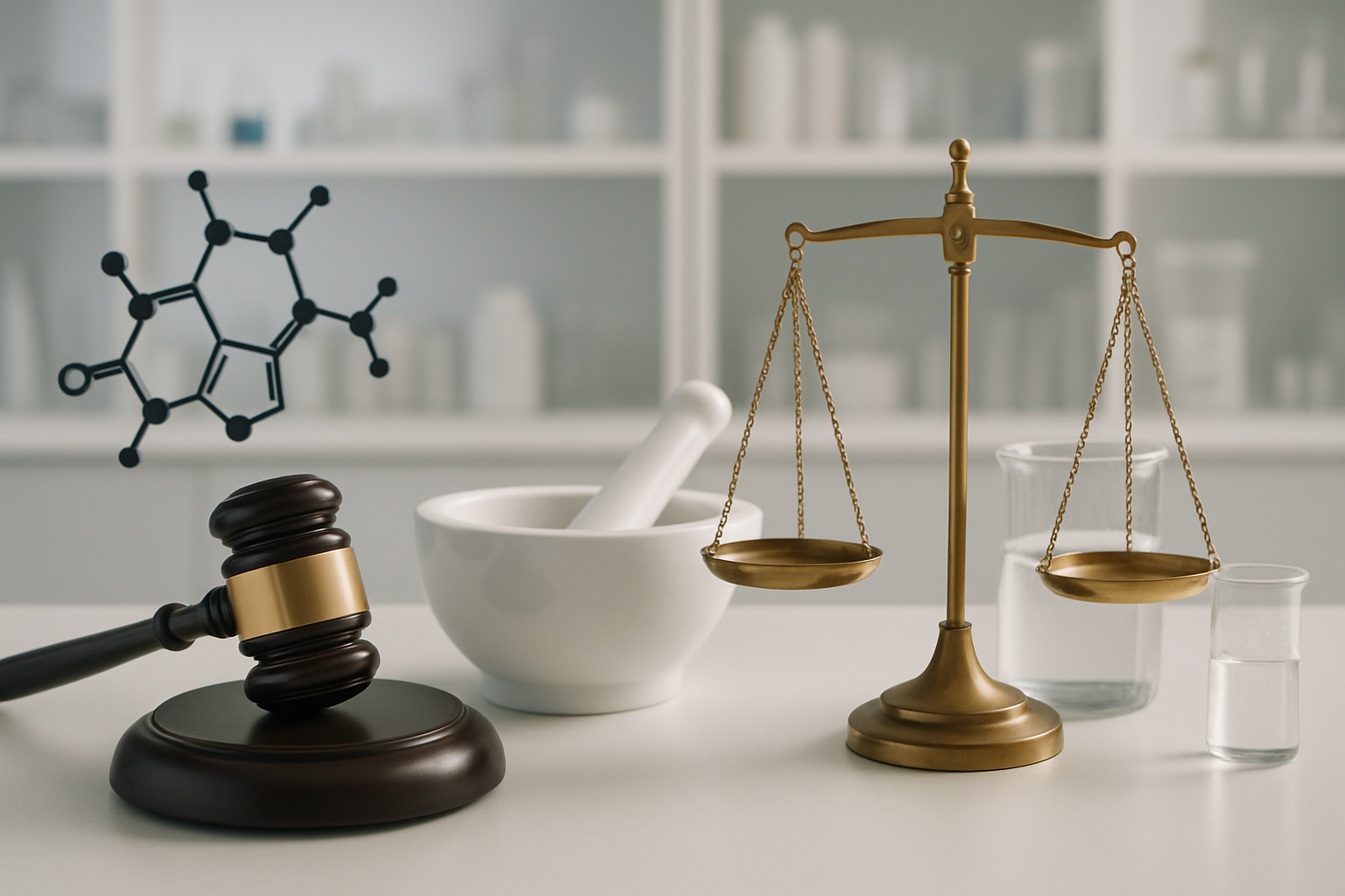 Gavel, scales, mortar and pestle, beakers, and caffeine molecule, symbolizing pharmaceutical law.
