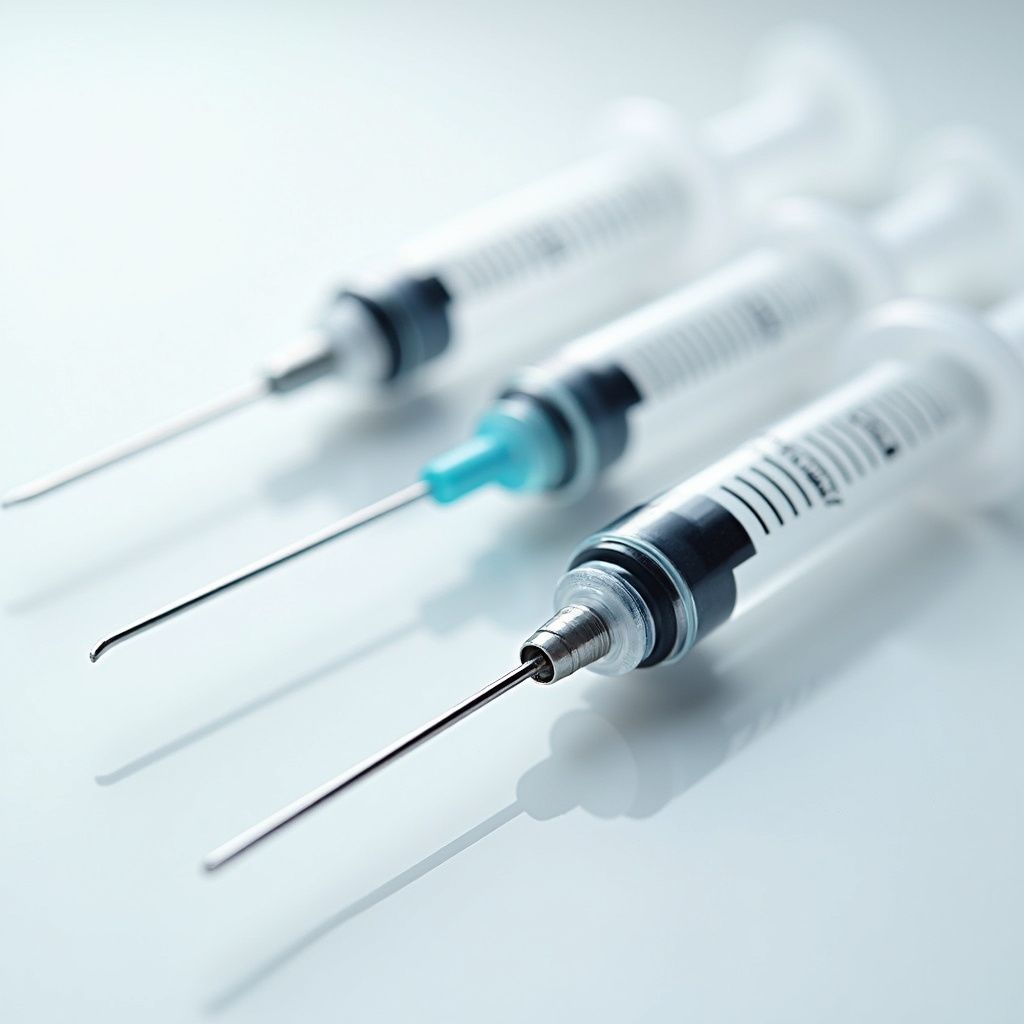 Three syringes with needles, on a light surface, ready for use.