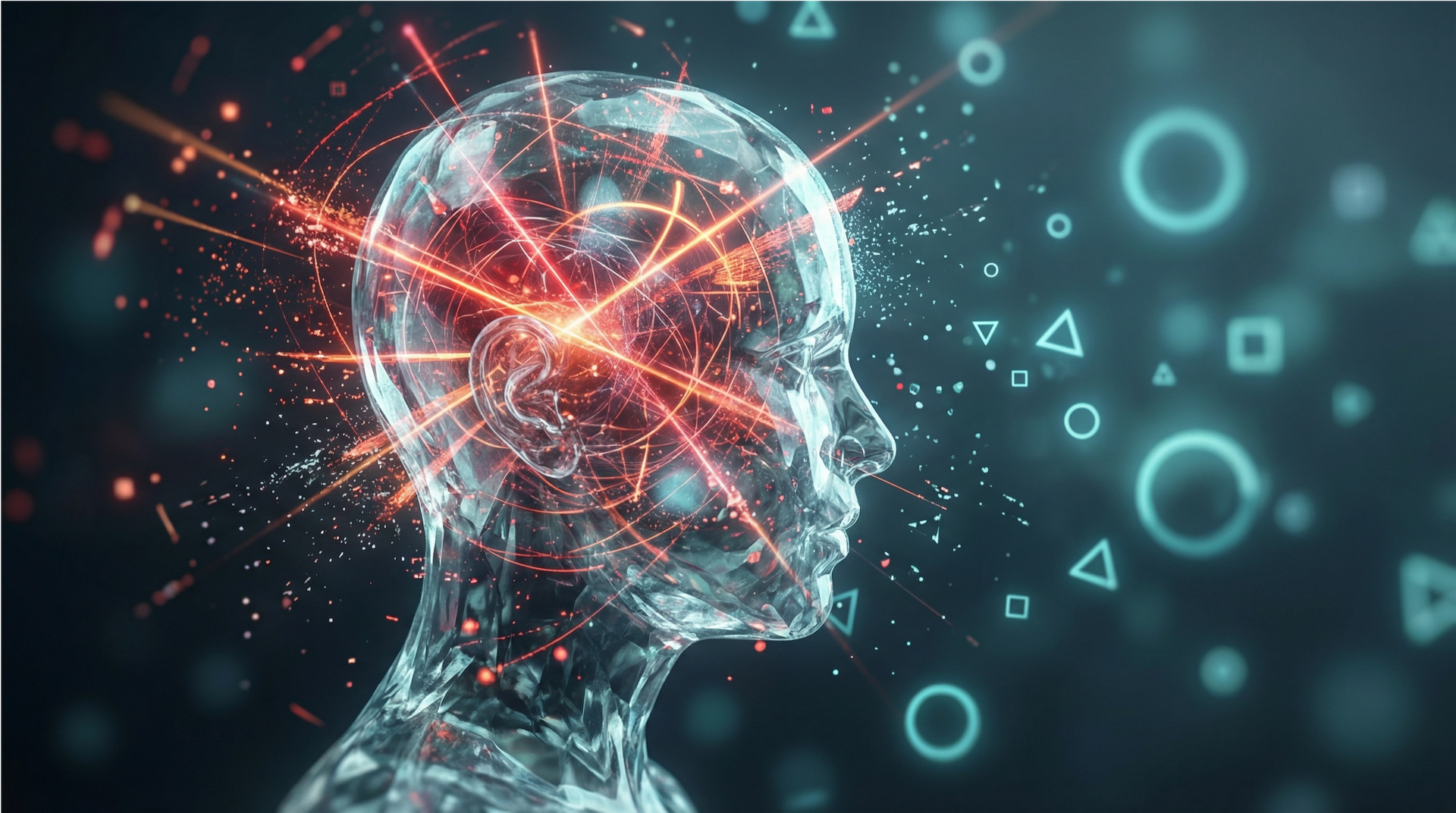 Transparent head with glowing brain activity and surrounding geometric shapes.