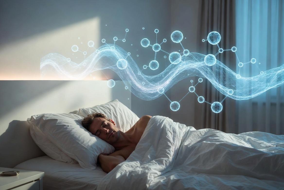 Healthy adult man in deep restorative sleep in a minimalist bedroom with soft pre-dawn blue light, subtle glowing biological wave patterns above symbolizing hormonal recovery and cellular repair processes during overnight rest