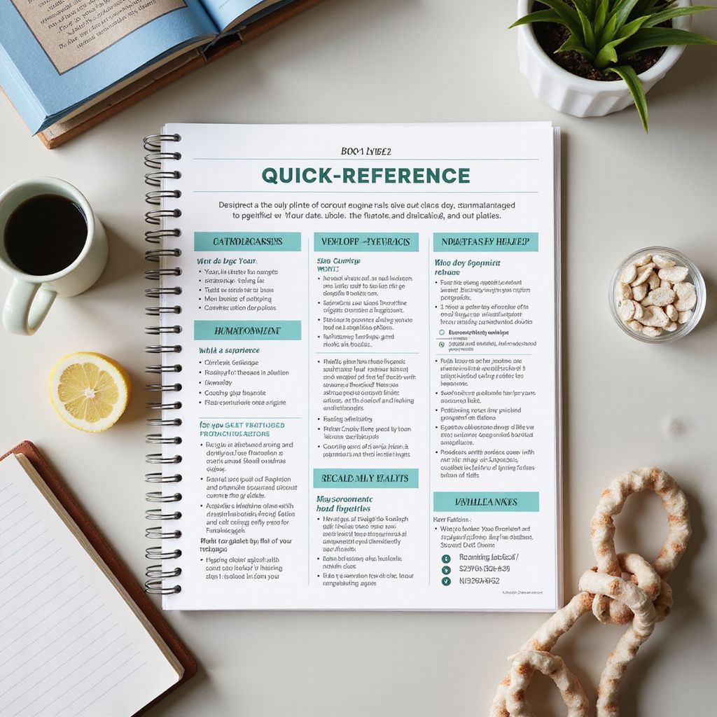 A quick-reference spiral notebook with bullet-pointed lists lies on a table with a coffee mug, book, and lemon.