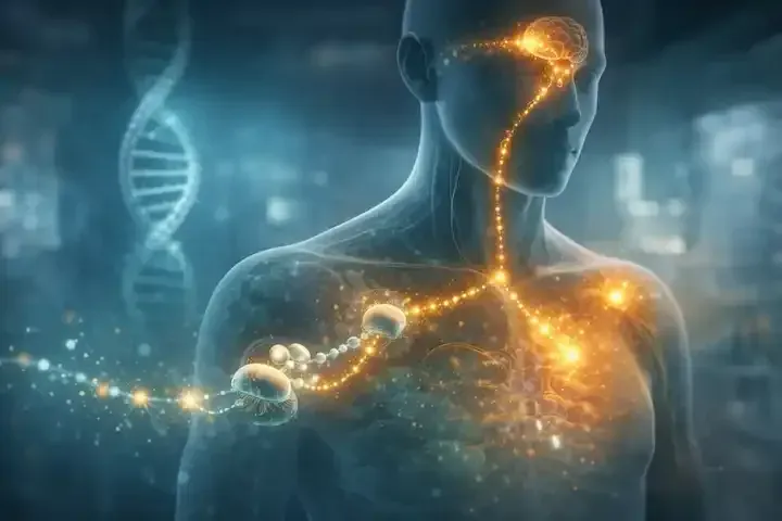 Human figure with glowing neural pathways, DNA helix, and abstract background.