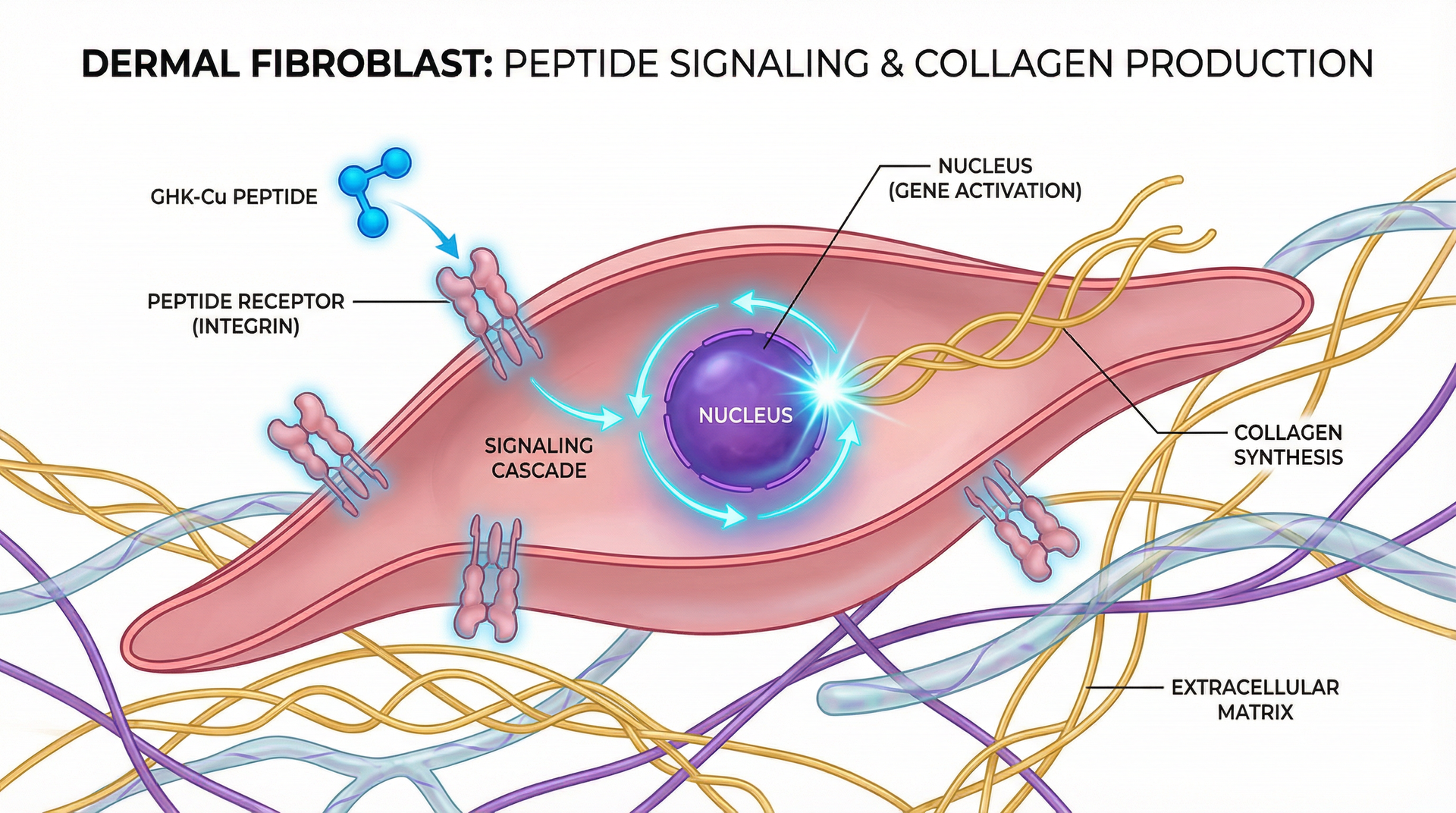 Detailed illustration of fibroblast cell showing peptide receptor binding and collagen synthesis activation pathway
