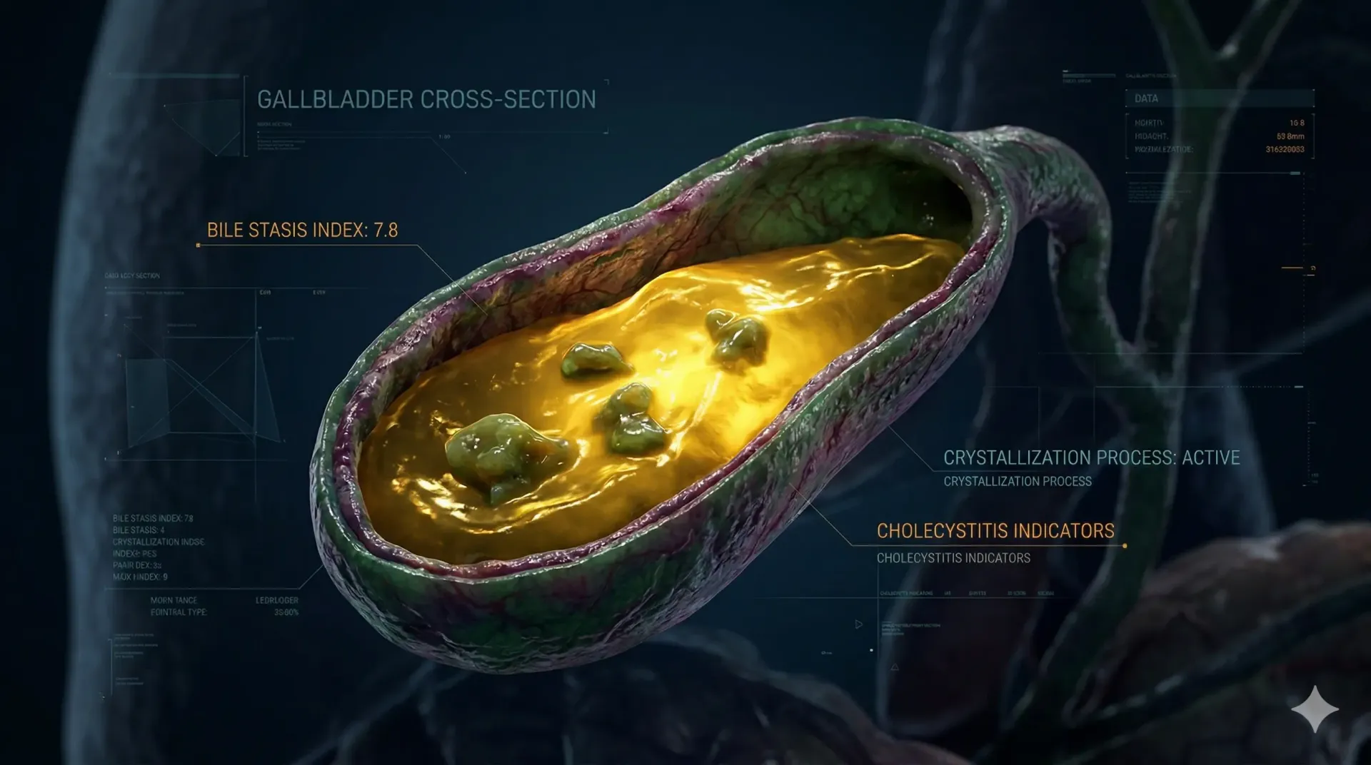 A detailed 3D medical illustration showing a cross-section of a human gallbladder filled with thick, glowing golden bile. Small crystals are beginning to form within the fluid, representing bile stasis and the early stages of gallstone development. The image features a cinematic dark background with digital data overlays and anatomical labels.