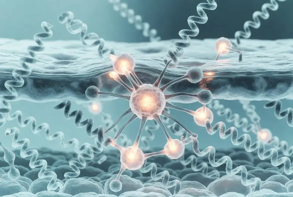 Abstract molecular network with glowing nodes and spiral DNA strands in a blue, icy background