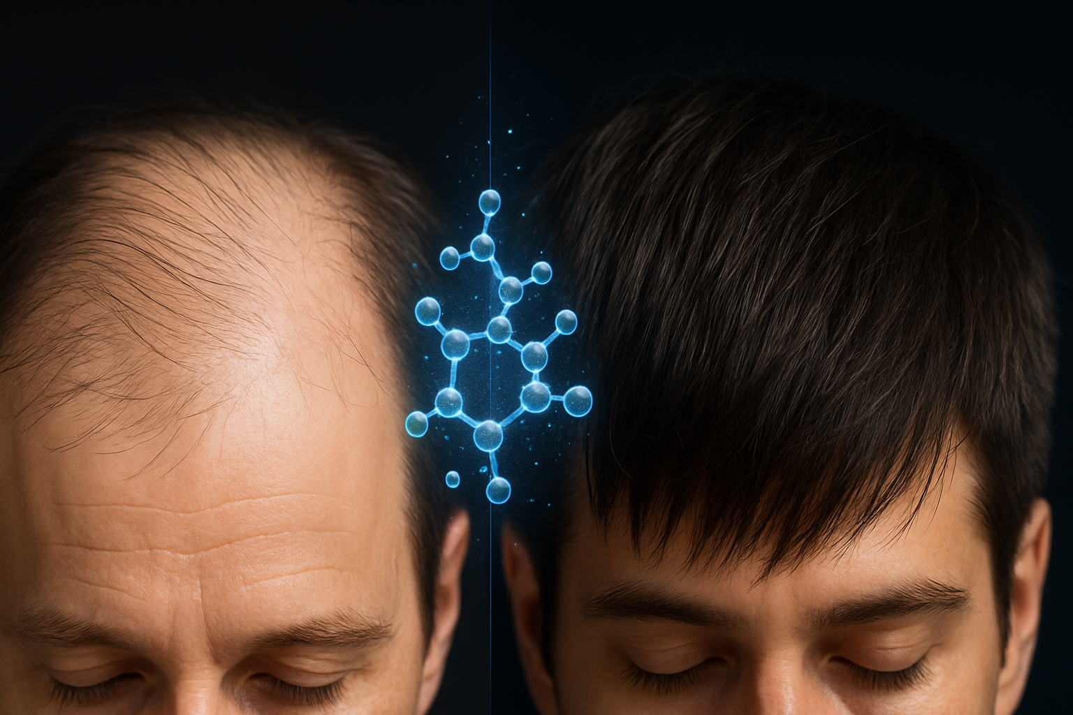 Balding head transforms to full hair, linked by glowing blue molecular structure.