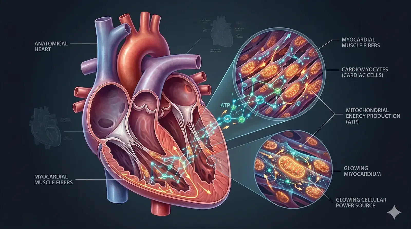 Anatomical illustration of the human heart showing detailed mitochondrial activity and glowing ATP energy production inside cardiac muscle cells, highlighting the cellular basis of heart function in a premium medical style.