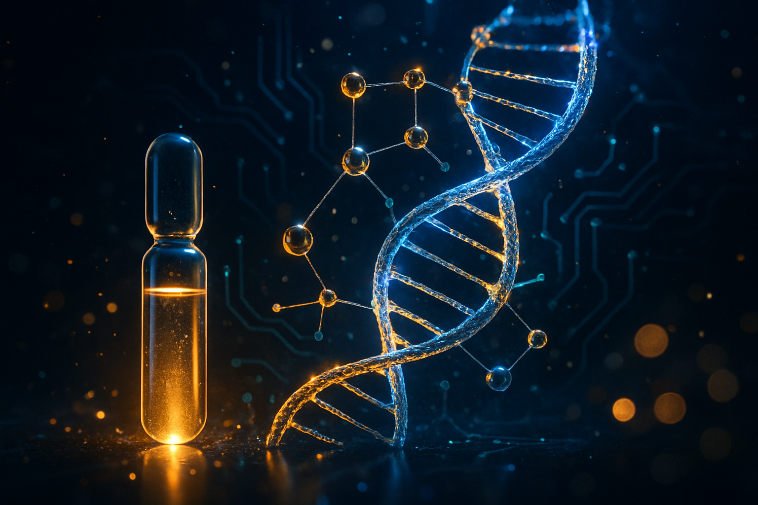 Silhouette of a person with glowing energy, surrounded by spheres, lab flasks, and data screens.