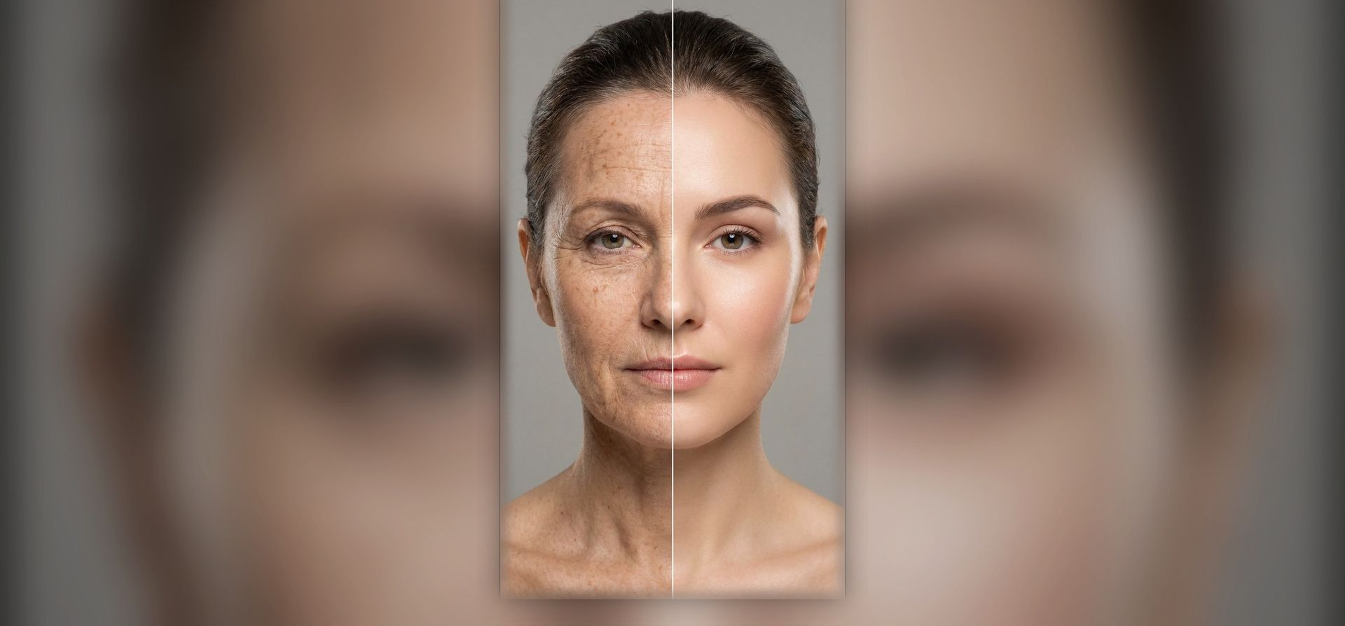 Split-face comparison showing aged skin on one side and rejuvenated skin on the other.