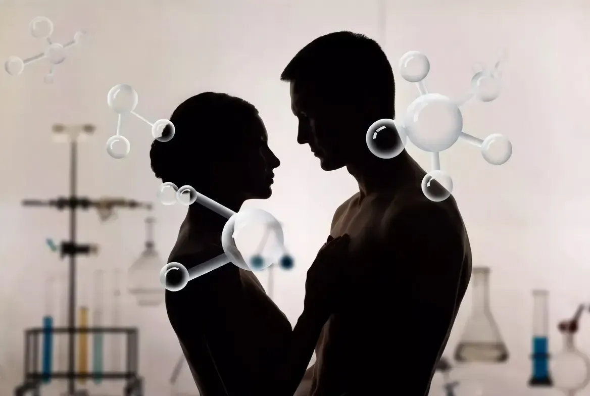 Tasteful silhouette of a couple in soft lighting with subtle overlay of hormonal molecular symbols, representing balanced physiology in a professional biohacking context.
