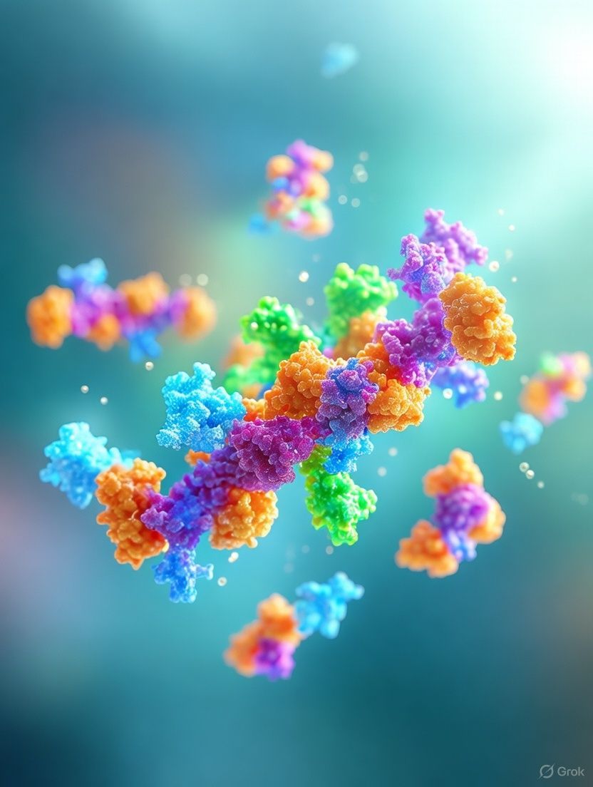 Colorful molecular structures floating against a teal background.