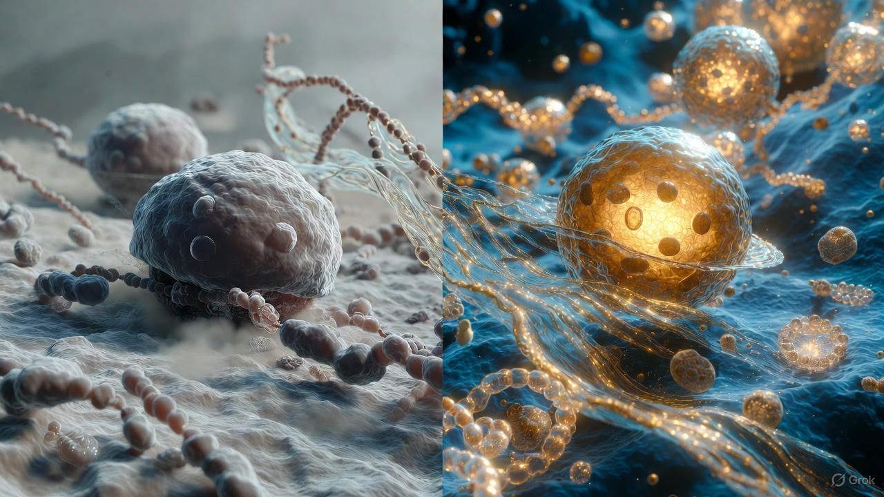 Microscopic view of cells, first in muted tones and then glowing gold, surrounded by strands and particles.