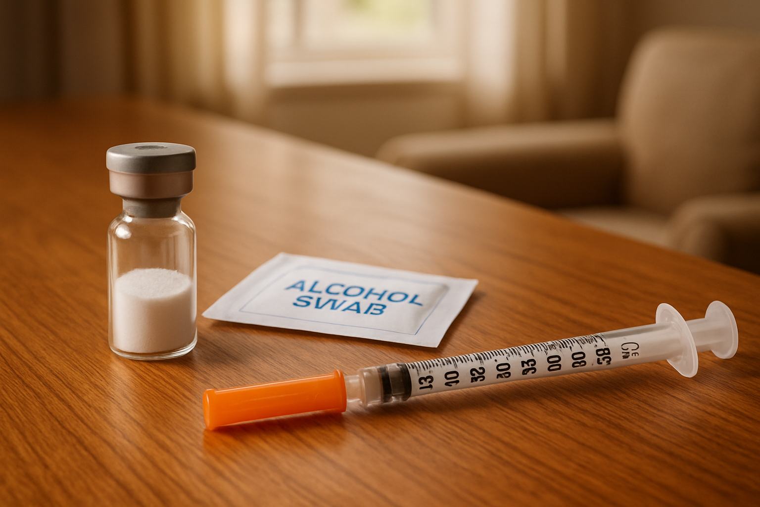 Vial of medication, alcohol swab, and syringe on a wooden table in a room.