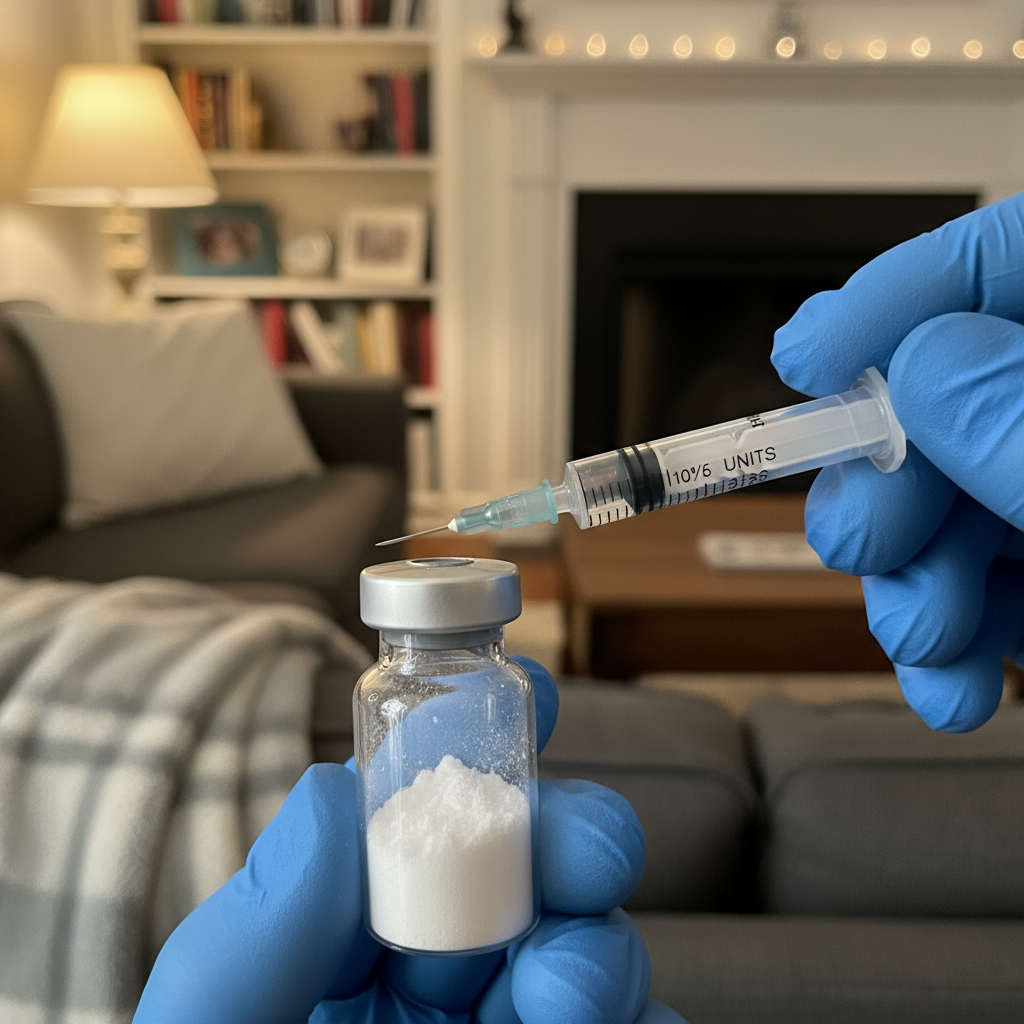 Hands in blue gloves hold a syringe and a vial of white powder, indoors.