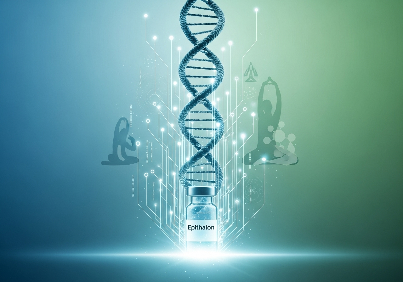 DNA strand above a vaccine vial with glowing lines on a teal and green background.
