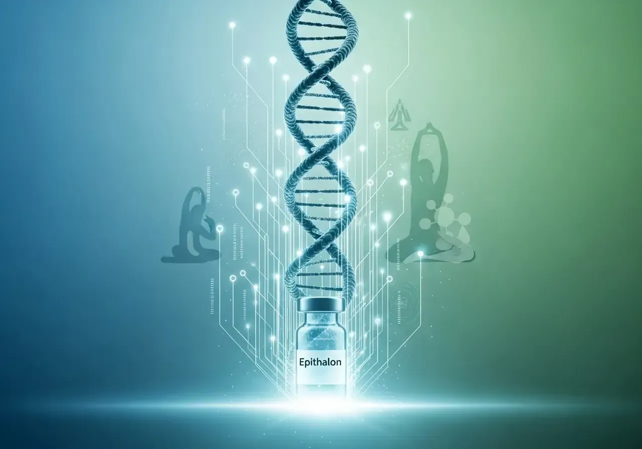 DNA strand above a vaccine vial with glowing lines on a teal and green background.