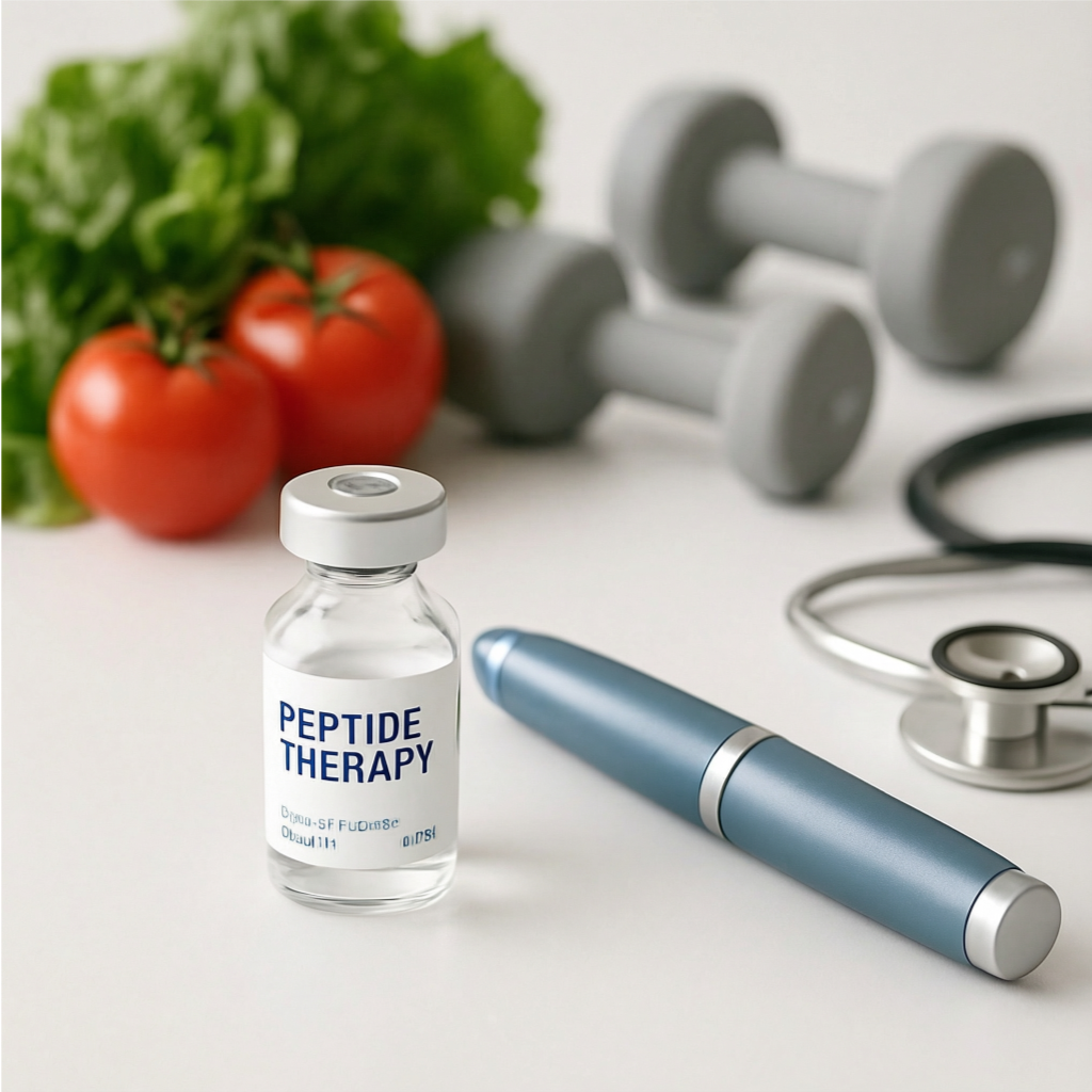 Peptide therapy vial with tomatoes, lettuce, weights, pen, and stethoscope for health and wellness.