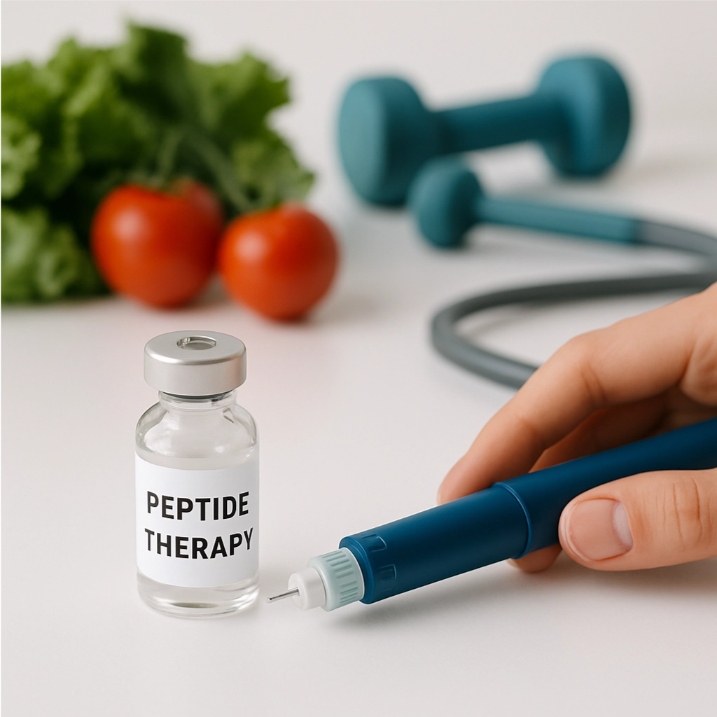 Hand holding a pen injector near a vial labeled 