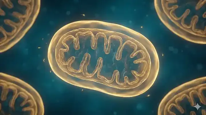 Visualization of mitochondria showing reduced oxidative stress and improved cellular protection through peptide support.