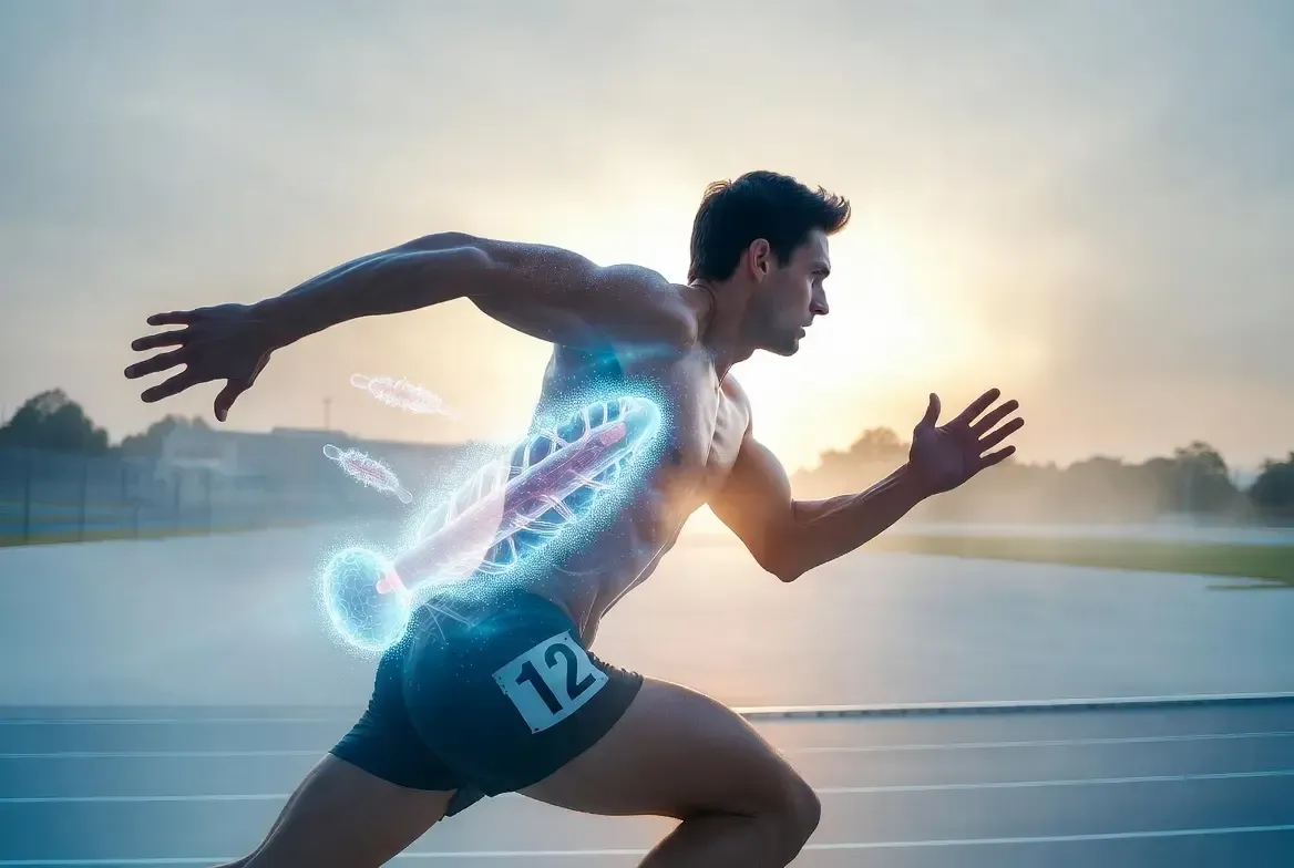 Athletic male runner captured mid-stride on an outdoor track at sunrise with subtle glowing mitochondrial overlays around muscles and torso illustrating enhanced cellular energy for MOTS-c exercise performance benefits