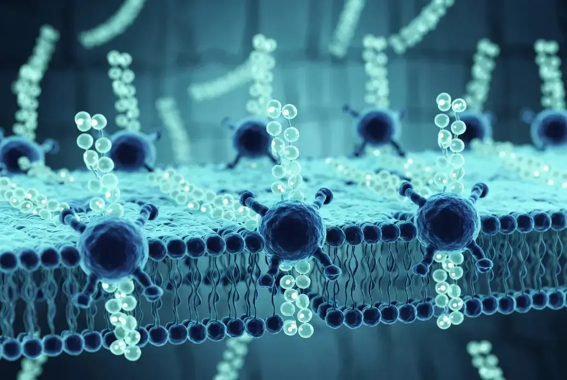 Top-down detailed view of several peptide molecules attaching to cell surface receptors on a membrane, with glowing interaction points in blue and teal.