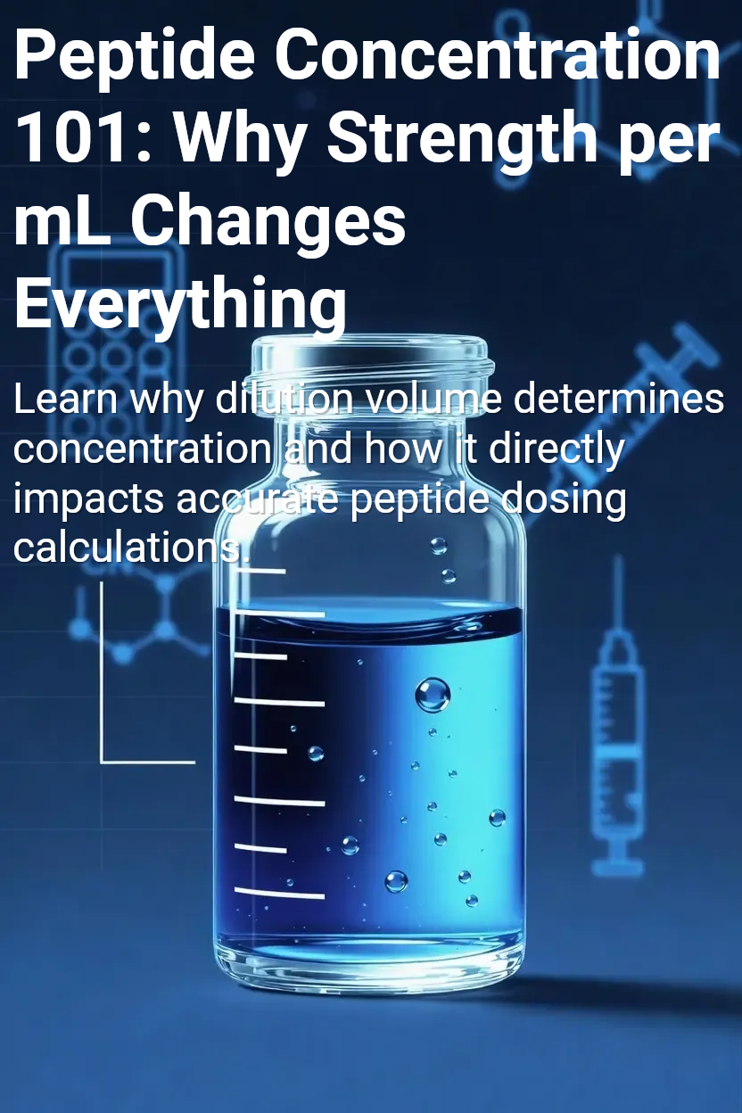 Blue lab beaker with peptide concentration text: “101: Why Strength per mL Changes Everything.”