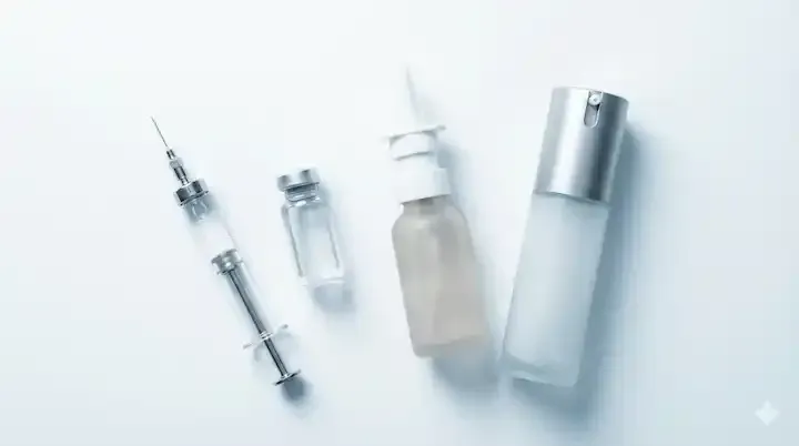 Peptide delivery methods including syringe injection, nasal spray, and topical application containers used in research protocols
