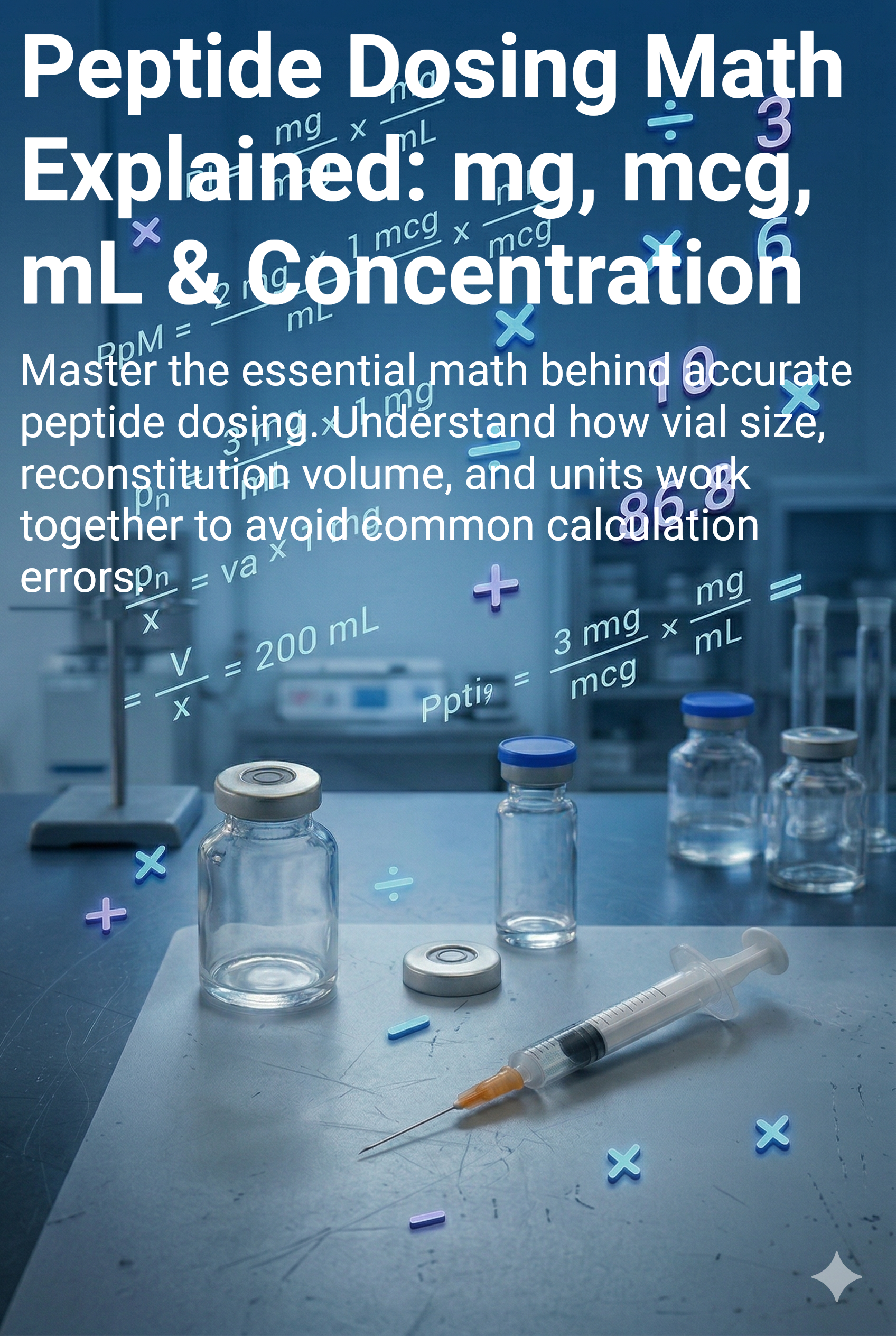 Peptide dosing math graphic with syringes, vials, and text explaining mg, mcg, mL, and concentration