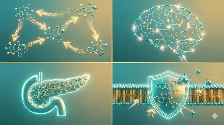 Four peptide concept clusters representing signaling, brain support, metabolic function, and immune defense.
