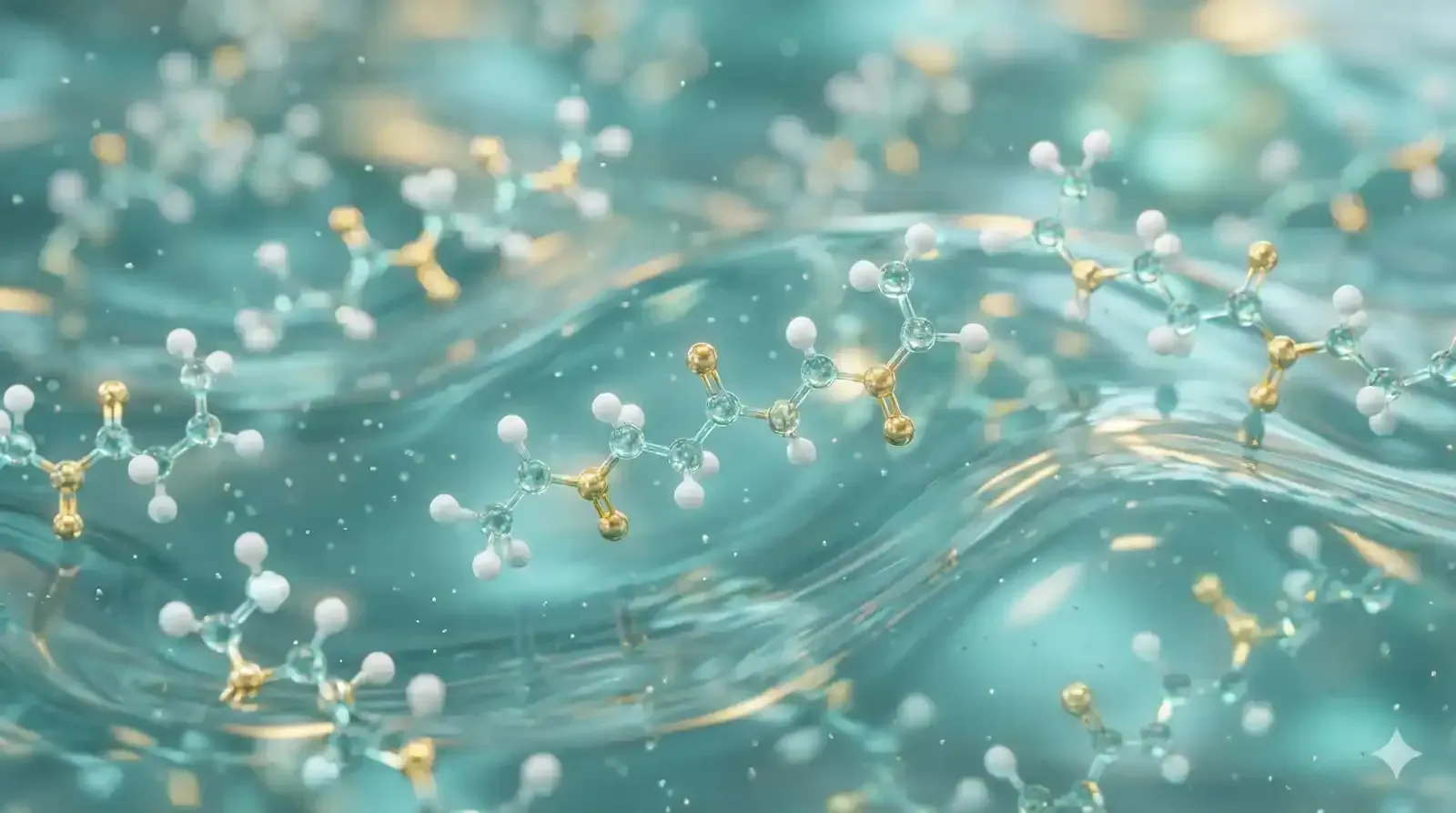 3D peptide chains floating in fluid, showing short amino-acid sequences in a clean lab style.