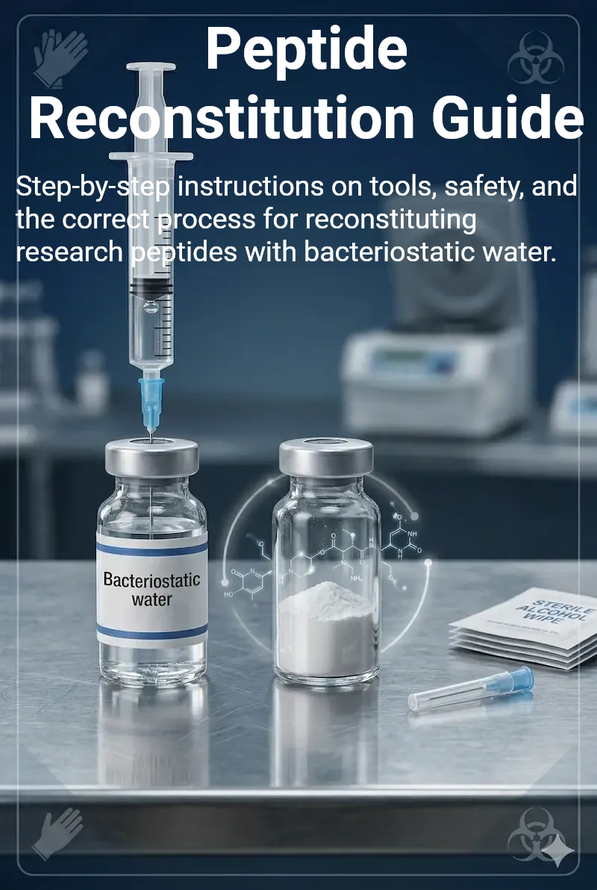 Peptide reconstitution guide with syringe, vials, and bacteriostatic water on a lab bench.