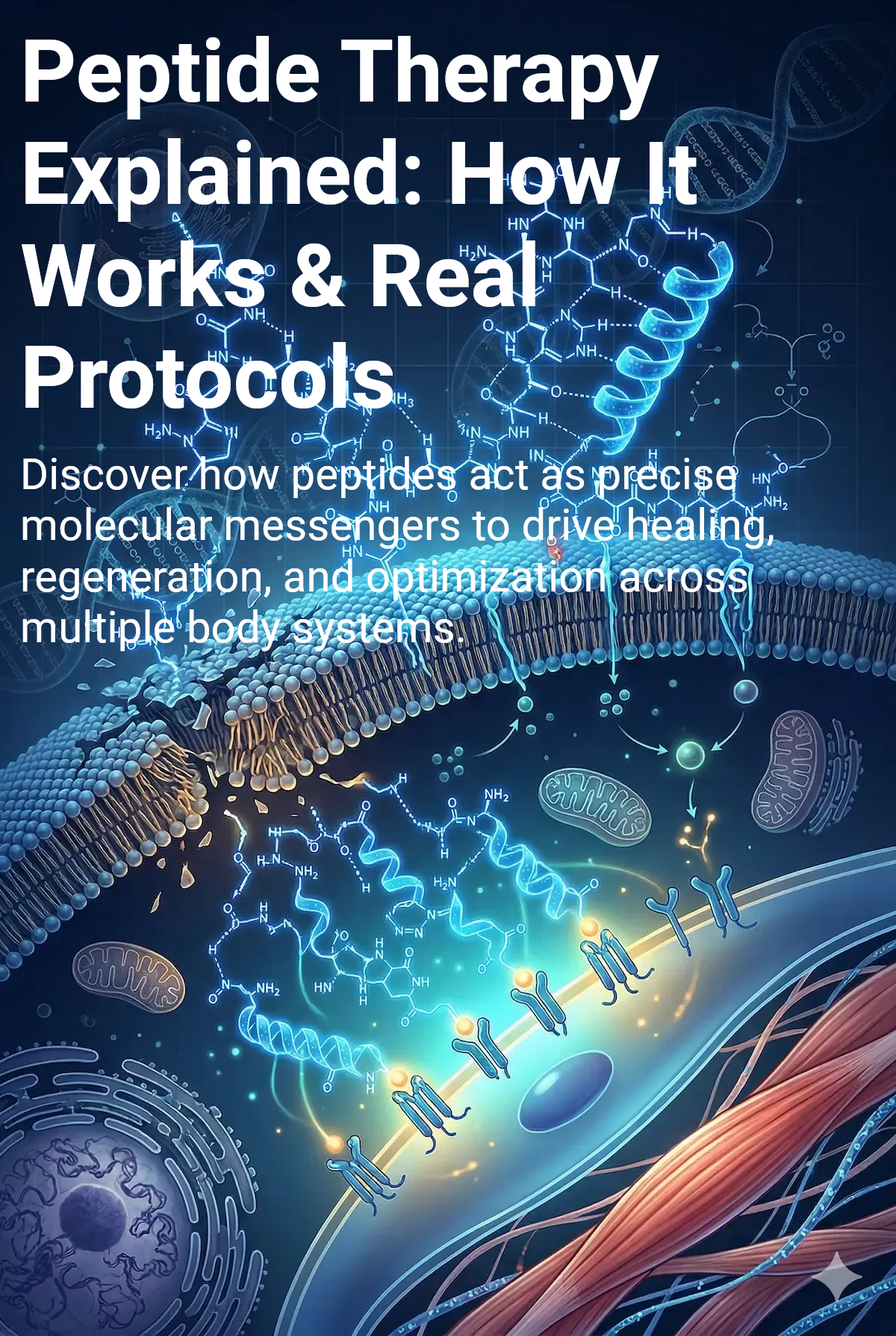 Blue medical infographic titled “Peptide Therapy Explained,” with glowing peptide molecules and DNA strands.