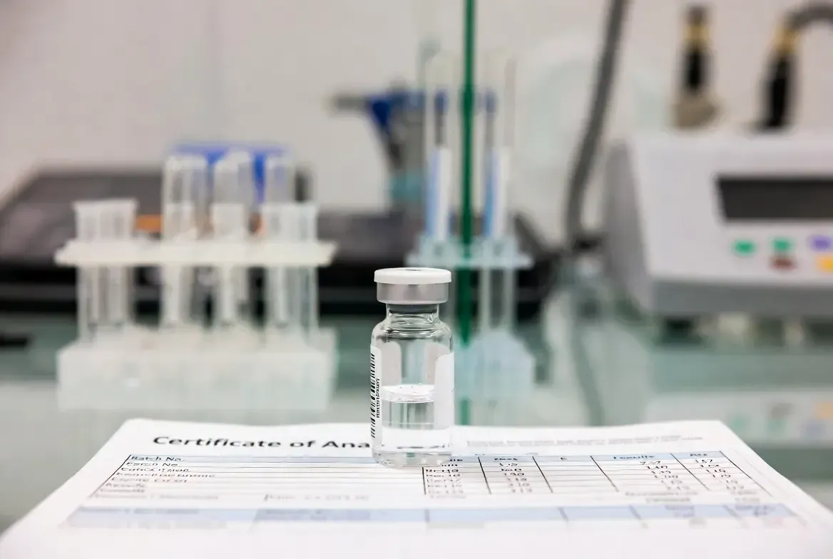 High-quality peptide vial with official Certificate of Analysis and lab testing equipment, representing purity testing and pharmaceutical-grade quality control in a sterile cleanroom environment