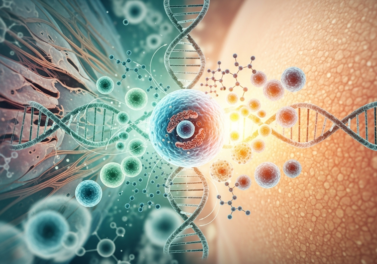 DNA strands, cells, and molecules in a vibrant, abstract illustration of biology and genetics.