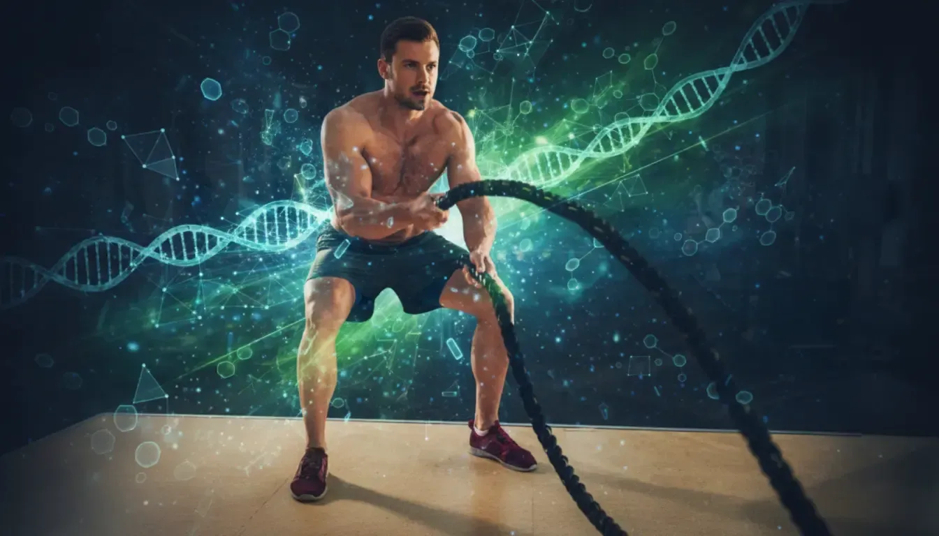 An athletic man jumps on a court, highlighted by glowing DNA strands and a laboratory setting in a s