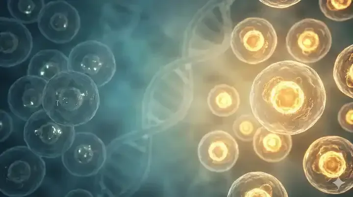 Cells transitioning from low energy to vibrant function, illustrating peptide-driven cellular support.