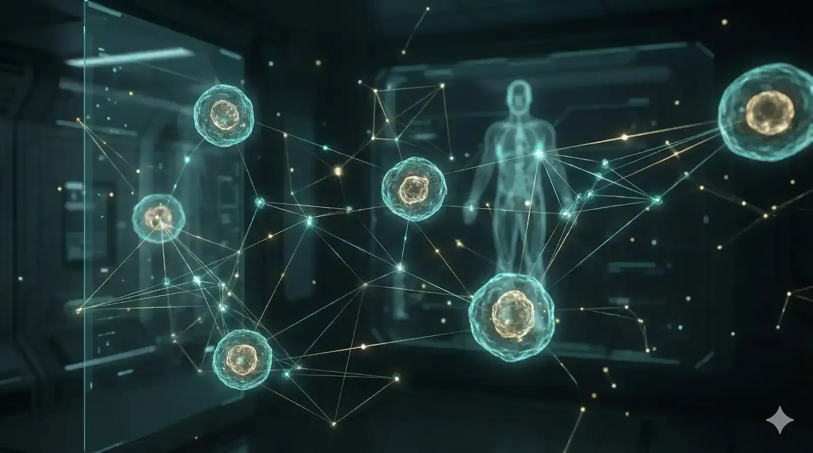 Luminous network of cellular communication over a subtle human anatomy outline.