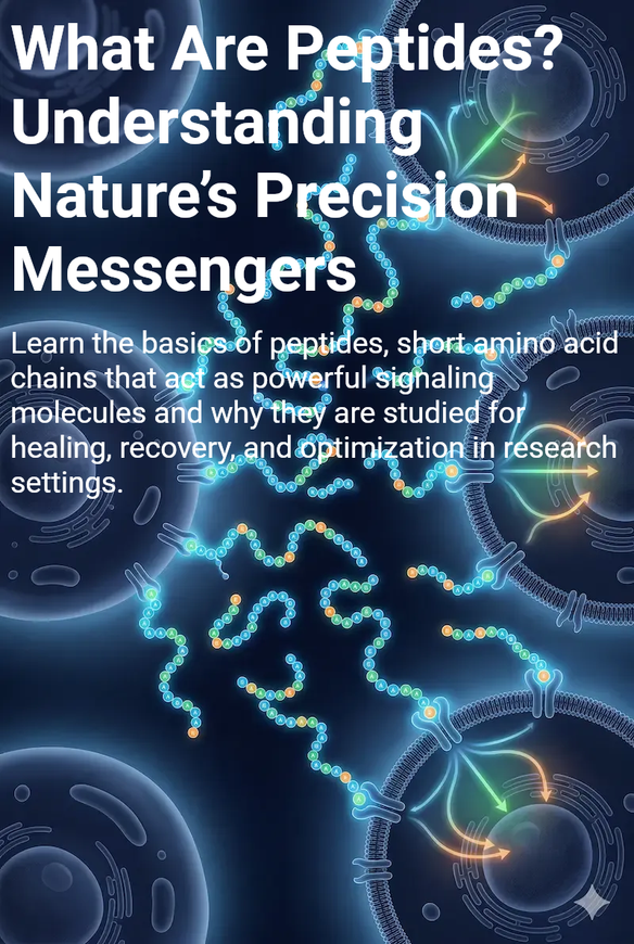 Scientific poster titled “What Are Peptides? Understanding Nature’s Precision Messengers” with blue molecular graphics