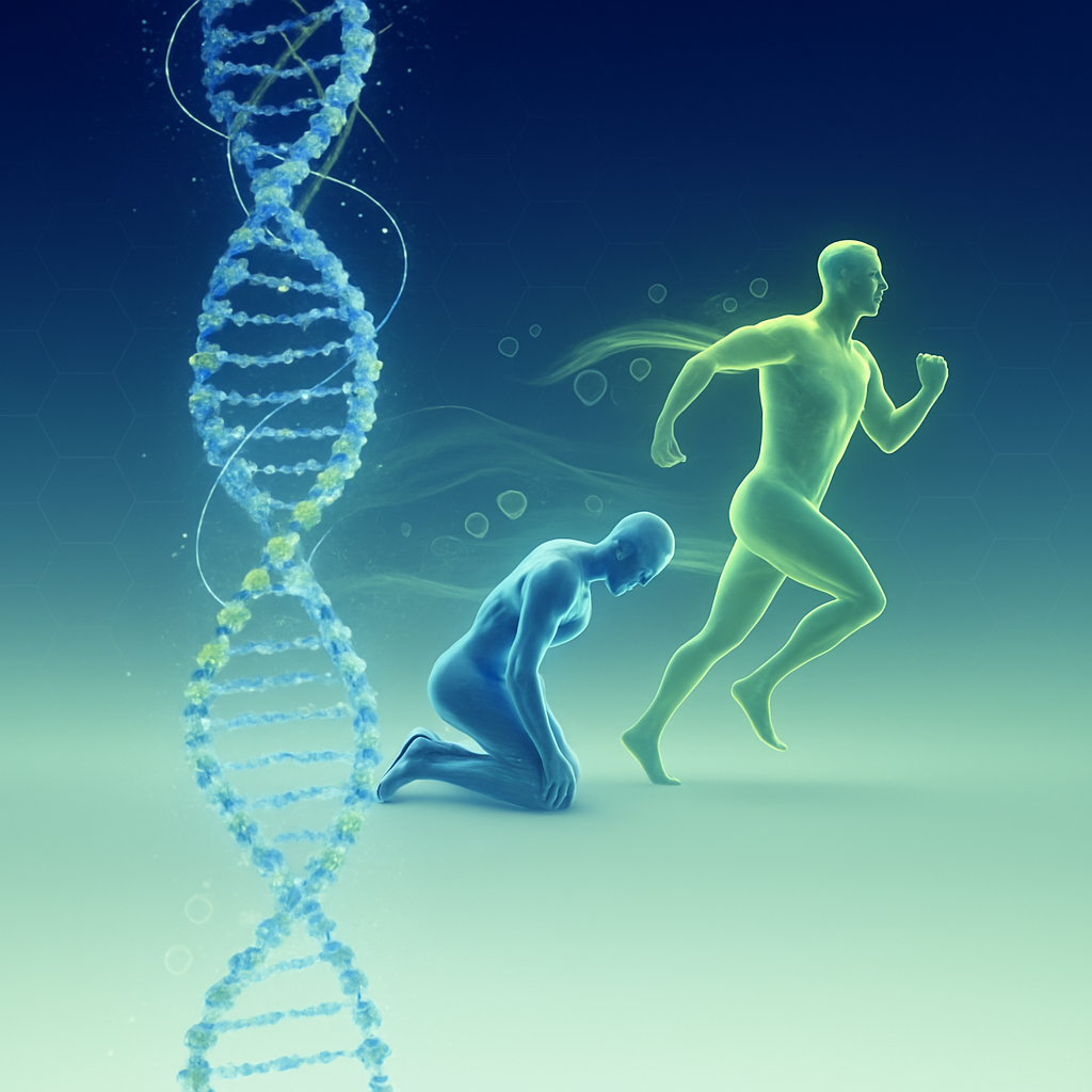 DNA helix next to two human figures. One kneels, the other runs; both glow in green and blue.