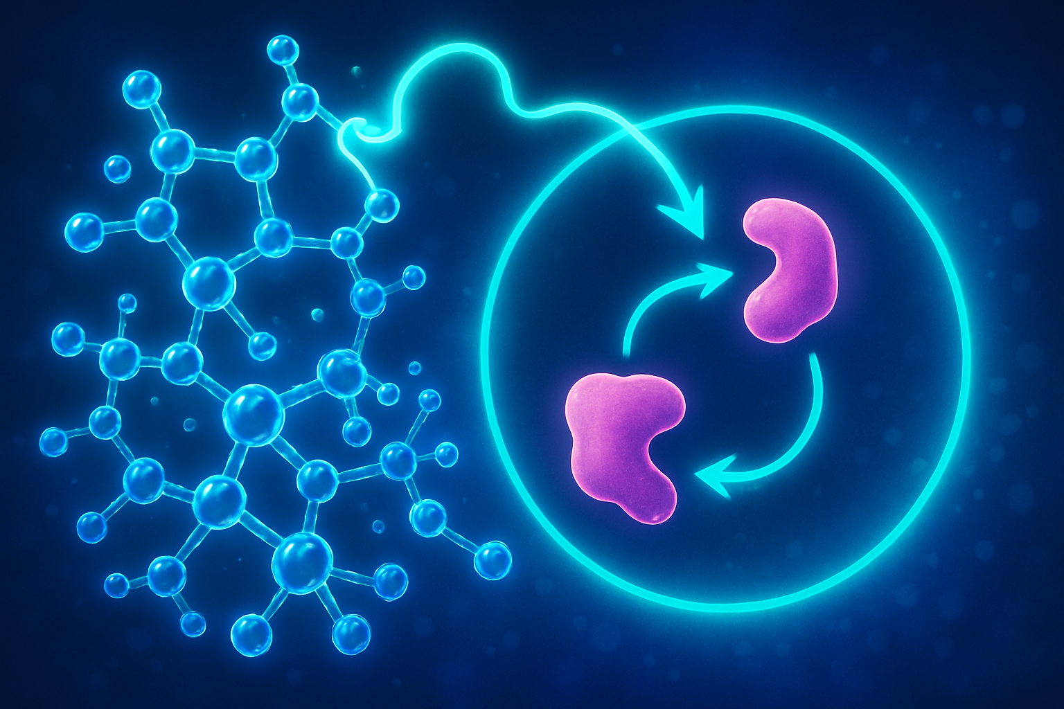 Blue molecular structure connected to a circular diagram of pink, blob-like shapes transforming, on a dark blue background.