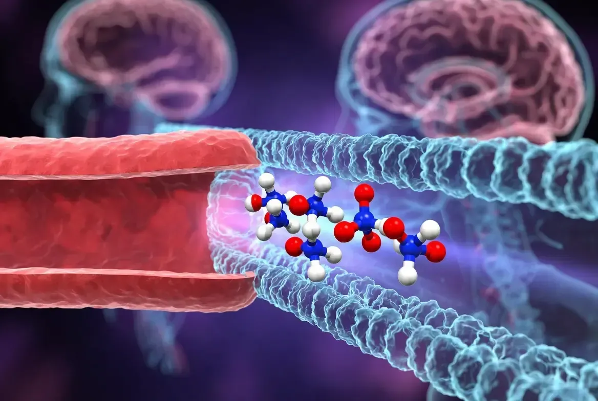 Visualization of Pinealon peptide crossing the blood-brain barrier into the central nervous system