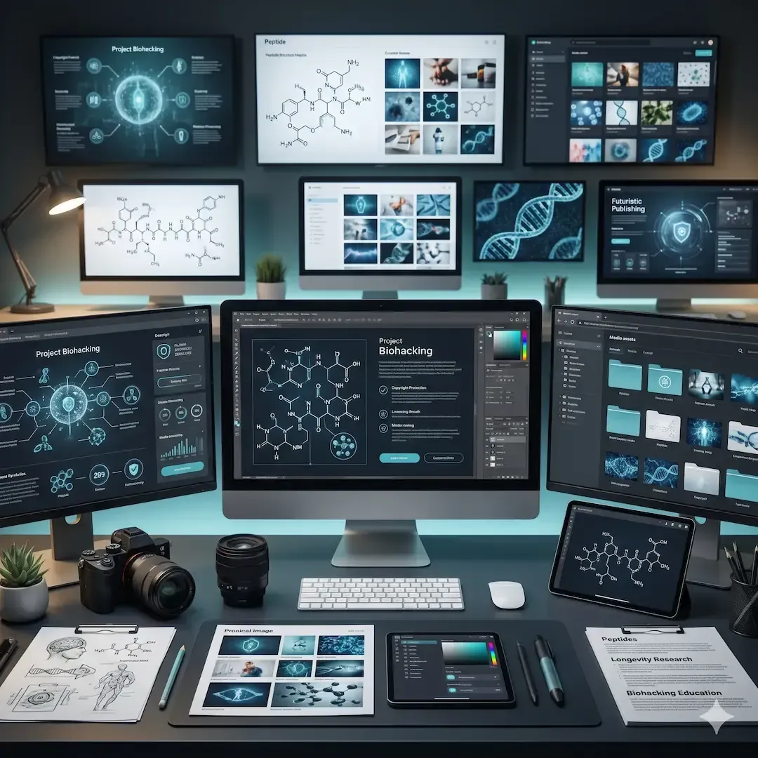 Project Biohacking contact illustration showing media production studio displaying biohacking illustrations, editorial image grids, and asset organization software on professional workstation monitors.