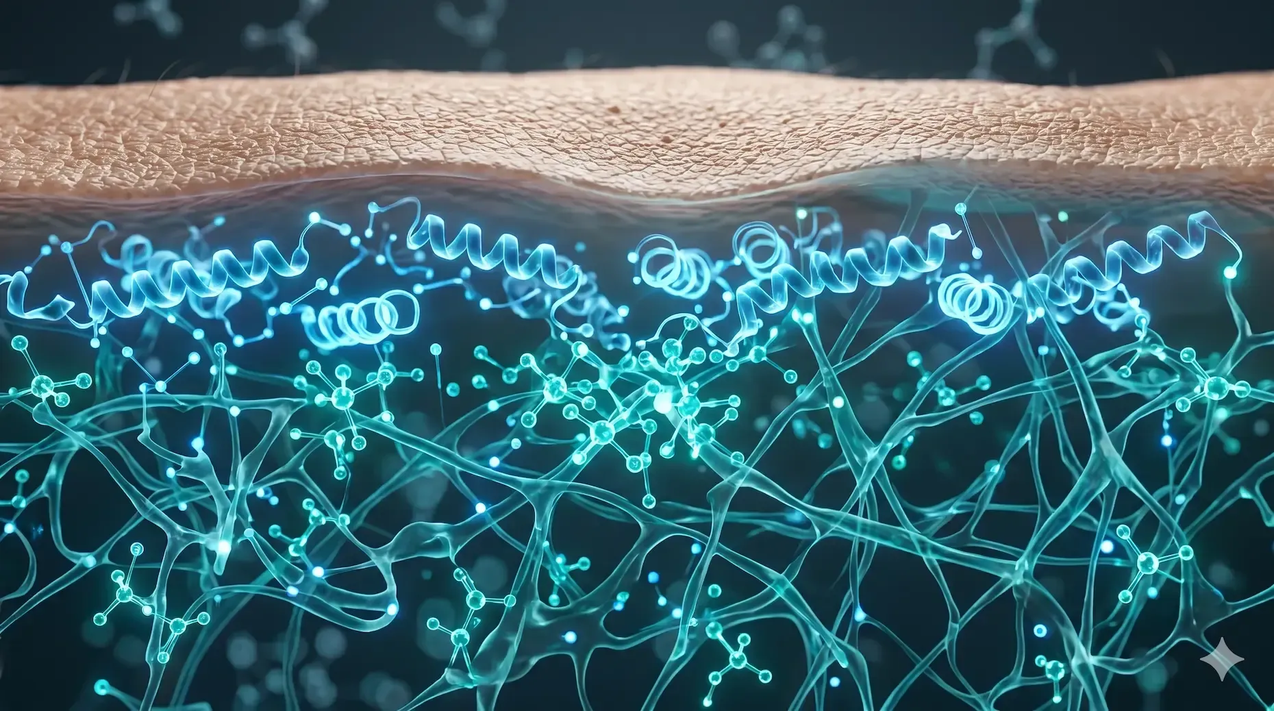 Microscopic view of fibroblasts producing collagen stimulated by peptide signaling