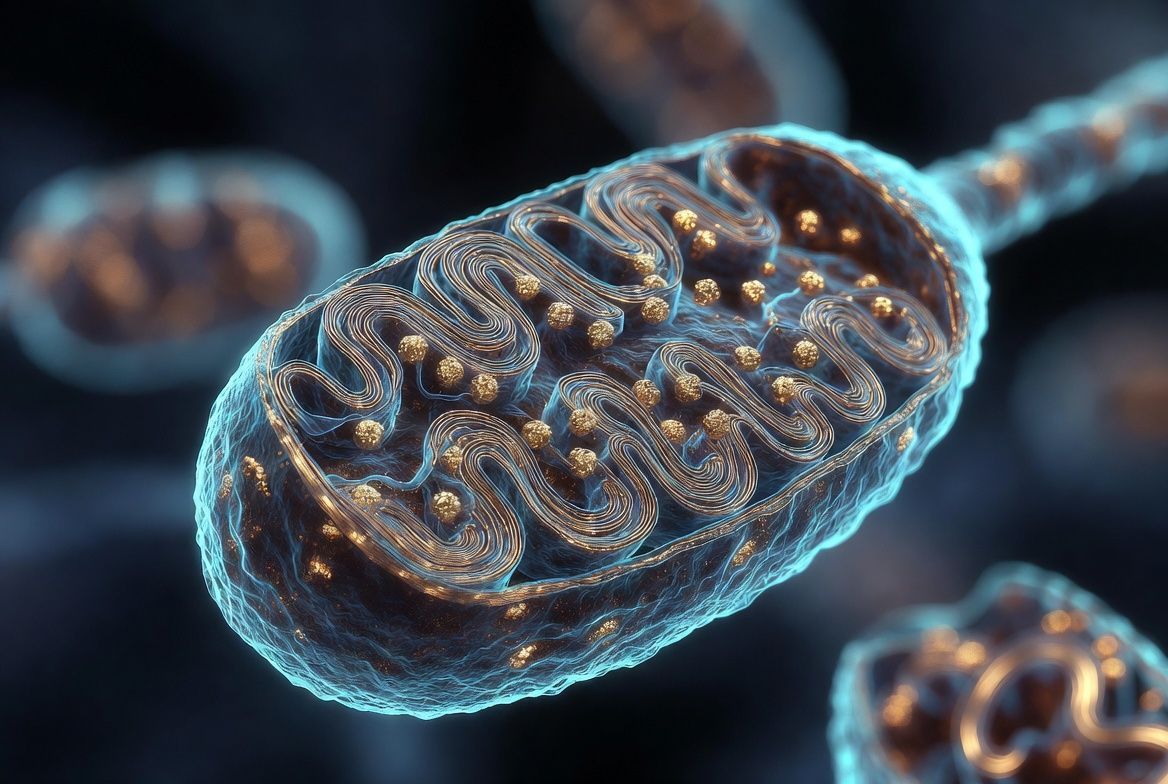 3D render of a mitochondrion with visible inner cristae folds against a dark, blurry background.