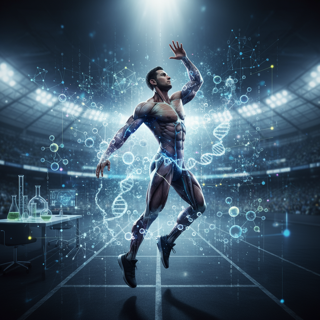An athletic man jumps on a court, highlighted by glowing DNA strands and a laboratory setting in a stadium.