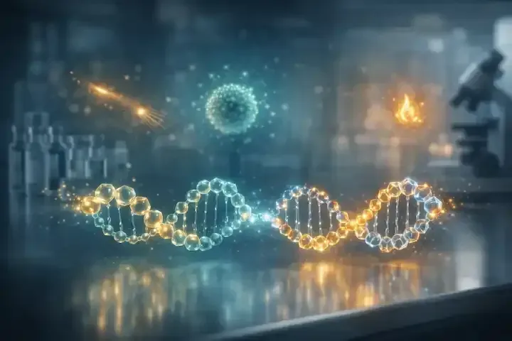 Glowing DNA strands with virus, beakers, microscope, laboratory setting.