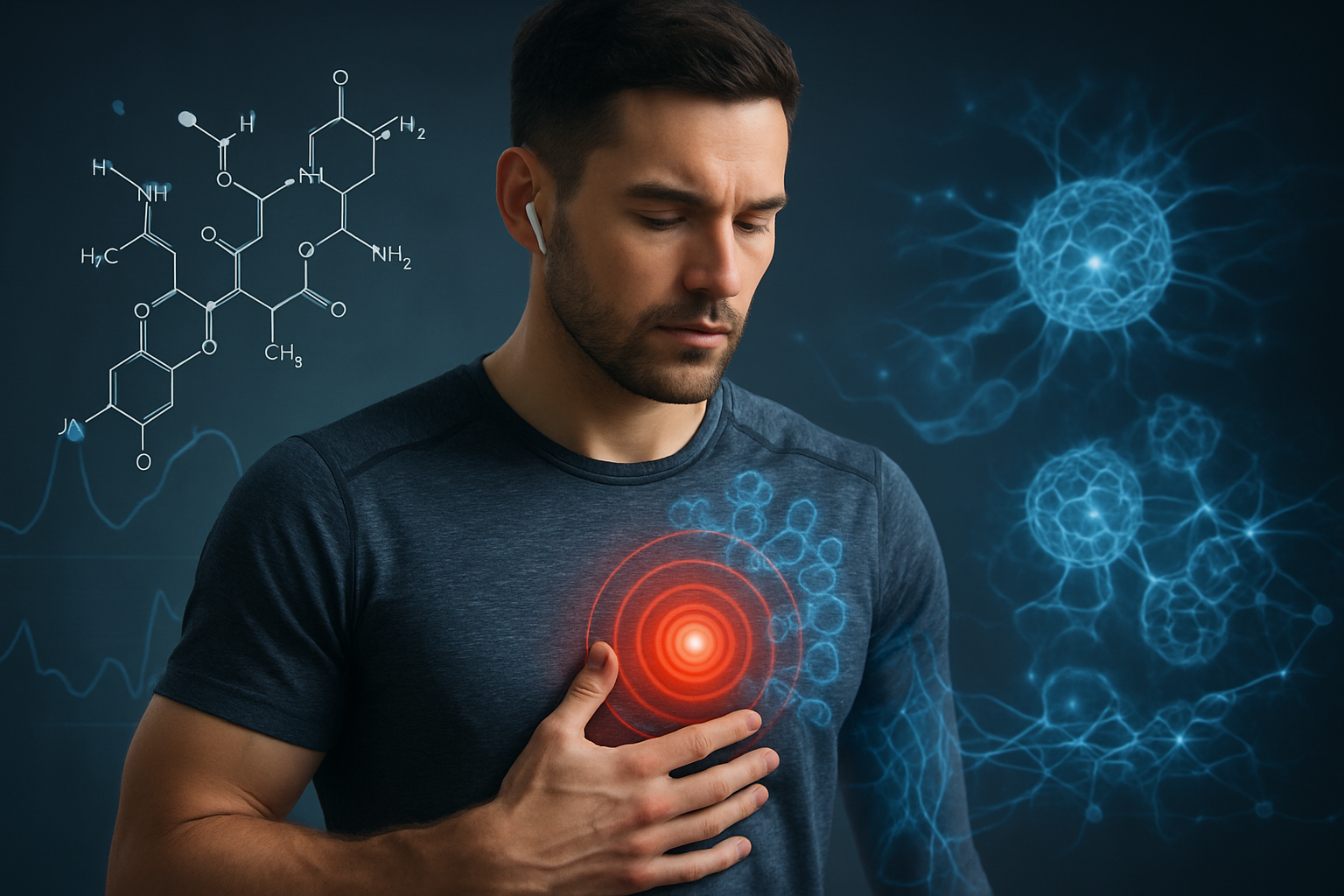 Man clutching chest with a red circle, chemical structure, and blue microbe illustrations.